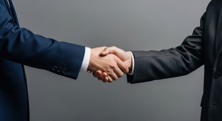 Close-up of a firm business handshake between two executives in different colored suits, representing a finalized deal on a neutral grey studio background.