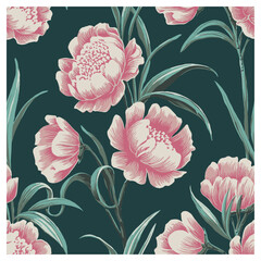 This stunning vintage floral pattern showcases soft pink peonies, highlighted by delicate petals and graceful green stems. Set against a deep teal backdrop, the design exudes a sense of timeless.
