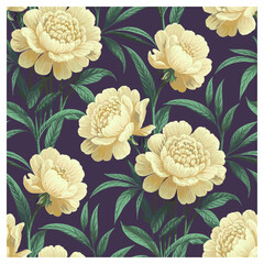 This stunning floral design features soft, pale yellow peony-like flowers paired with rich green leaves, set against a deep, contrasting purple background. The intricate detailing and bold color.