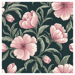 This classic floral design features soft pink peonies and delicate buds with rich green leaves, set against a dark teal backdrop. The detailed flower petals and elegant composition create a timeless.