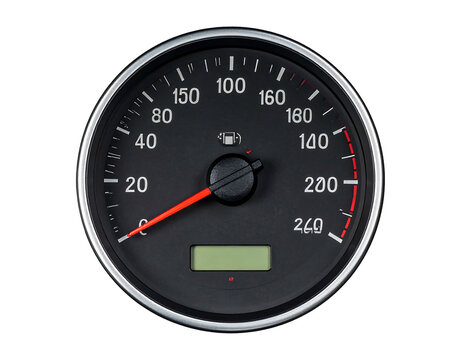 Close up of speedometer with a red needle pointing left, against a black background, modern digital display at the bottom