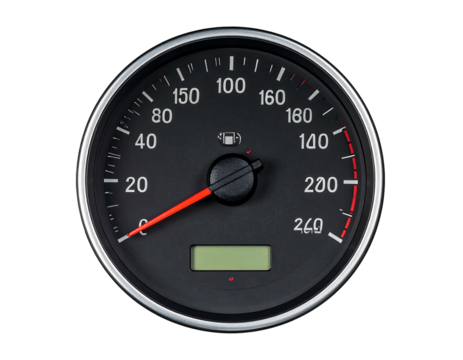 Close up of speedometer with a red needle pointing left, against a black background, modern digital display at the bottom