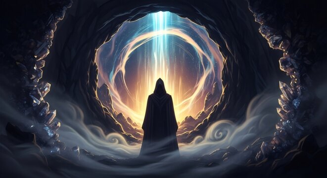 Person in hooded robe standing in a mystical cave with glowing crystals and a cosmic portal. Fantasy artwork for game design.