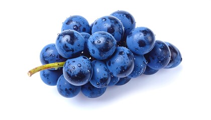 Close-up of a bunch of ripe, deep blue grapes against a white background