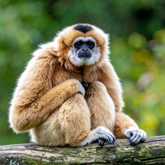 Close-up of a brown primate with black face & top-of-head fur