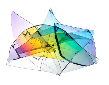 Abstract Smashed, multicolored translucent glass shards overlap against a stark black background