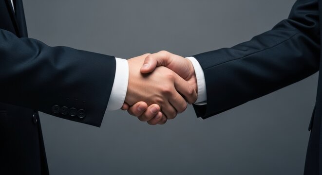 A professional partnership is sealed with a firm handshake between two businessmen in formal dark suits on a plain grey background.