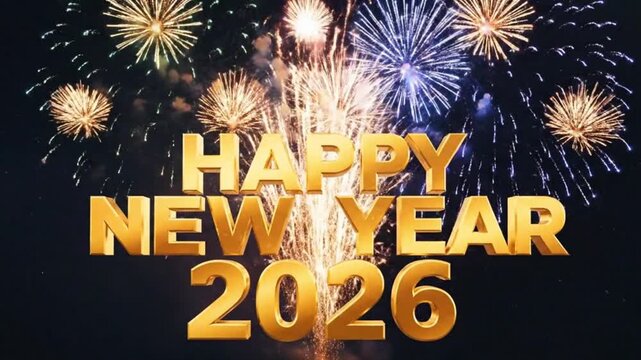 A cinematic animation with a golden whoosh revealing polished 3D text and a spectacular firework explosion. Perfect for an epic happy new year 2026 event opener
