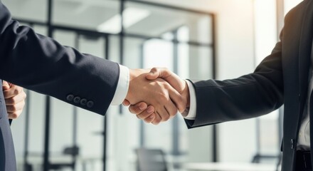 A firm handshake between two businessmen in a sunlit modern office with glass partitions, symbolizing a successful corporate deal and a bright future.