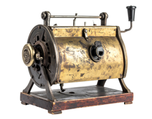Antique, brass-colored machine atop a dark, wooden base, showcasing intricate gears and a hand crank mechanism