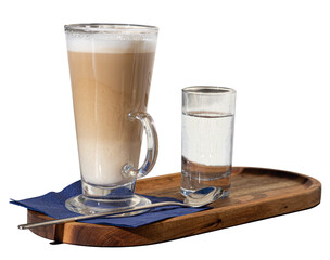 Hot coffee is served in tall glass with water in a resturant for breakfast. Isolated on white. V2