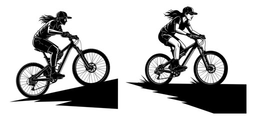 Obraz premium Silhouette of a female mountain biker riding downhill, perfect for illustrating extreme sports
