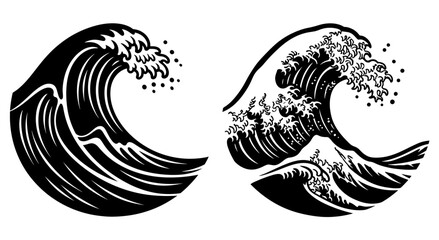 Two stylized ocean waves in black and white, perfect for logos and designs