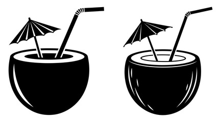 Two coconut cocktails with umbrellas and straws, black and white vector illustration