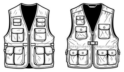 Illustration of two fishing vests with multiple pockets, perfect for outdoor activities
