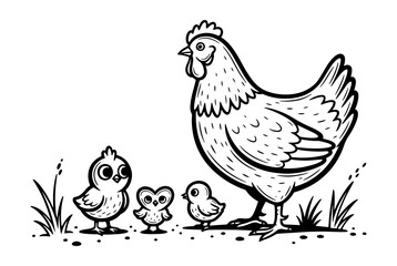 Hen with her chicks in a handdrawn style, perfect for illustrating farm life