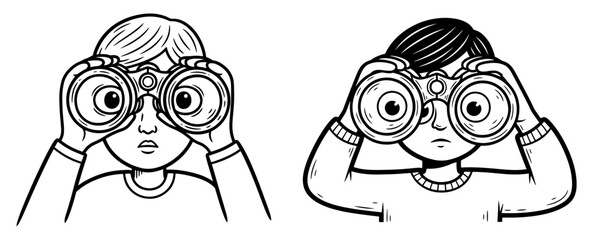 Two people looking through binoculars, a search and discovery illustration