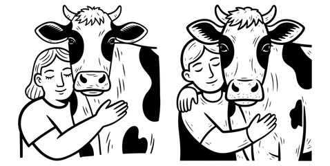 Two people hugging cows, hand drawn in cartoon style, black and white