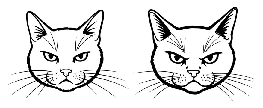 Two angry cat faces in black and white, with furrowed brows and whiskers