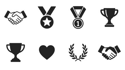 Fair Play Icons — general sportsmanship symbols in black and white handshake, medal, trophy, heart, laurel wreath