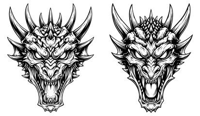 Two dragon heads, hand drawn engraving style illustration of fantasy creature