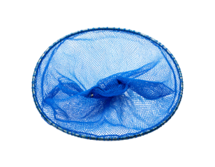 Close-up, blue mesh fabric inside a clear round container on black, textured and sparkly
