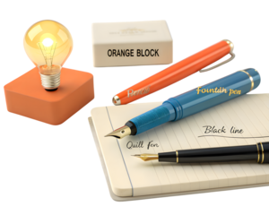 A bright idea fountain pens and a light bulb isolated on transparent background