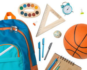 A collection of school supplies including a backpack, basketball, ruler, pens, and paints, isolated on transparent background