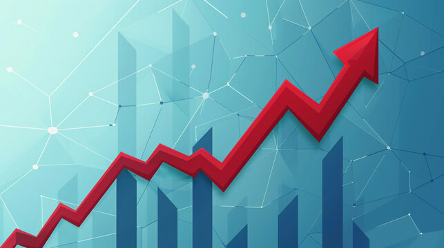 "Artistic Growth Chart: A stylized depiction of an upward-trending red arrow over a bar graph, accented with paint splatters, illustrating progress and success with a creative flair."