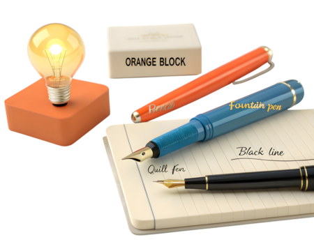 A bright idea fountain pens and a light bulb isolated on transparent background