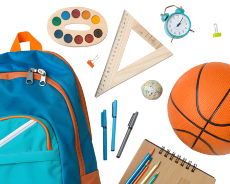 A collection of school supplies including a backpack, basketball, ruler, pens, and paints, isolated on transparent background