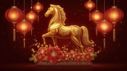 Stunning Golden Horse Sculpture Surrounded by Rich Red Lanterns and Vibrant Floral Decorations for Celebrating Cultural Festivities and Traditions