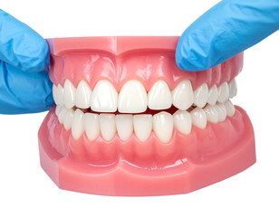 Blue-gloved hands presenting a plastic jaw model with white teeth, isolated against a black background
