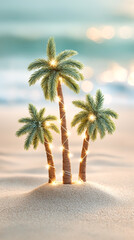 Obraz premium Palm trees decorated with Christmas balls and garlands on sandy beach. Concept of New Year holidays and travel vacation