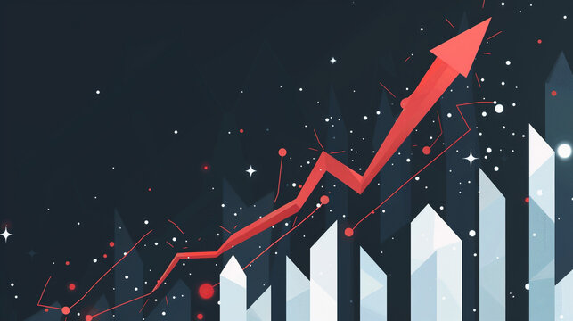 "Artistic Growth Chart: A stylized depiction of an upward-trending red arrow over a bar graph, accented with paint splatters, illustrating progress and success with a creative flair." - Powered by Adobe