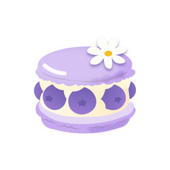 Blueberry Macaron Vector | Cute Kawaii Dessert Clipart with White Flower, Purple Pastel French Cookie Illustration
