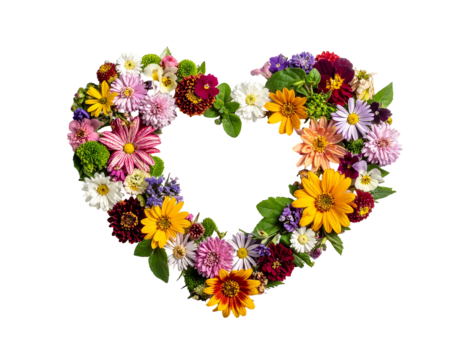 Colorful flowers forming heart shape with transparent center on black background, soft lighting