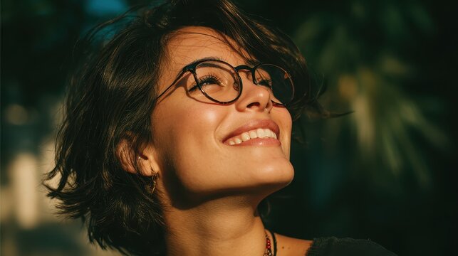 Happy young woman with glasses looks up to the sun, smiling. It shows optimism, wellness, hope, and a bright future ahead.