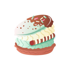 Mint Chocolate Macaron Vector | Cute Kawaii Dessert Clipart, Sweet French Cookie Illustration with Cream and Chocolate Drizzle
