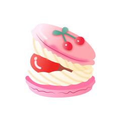 Cherry Macaron Vector | Cute Kawaii Dessert Clipart, Pink Pastel French Cookie Illustration with Cherry and Cream Filling
