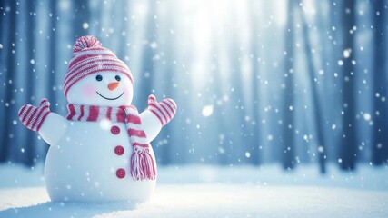 A cheerful snowman stands in a snowy forest with snowflakes falling down - Powered by Adobe