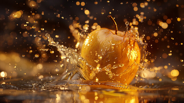 "Golden Apple Splash: A vibrant yellow apple dramatically impacts water, creating an intricate splash surrounded by sparkling golden bokeh lights, evoking freshness and dynamic energy."