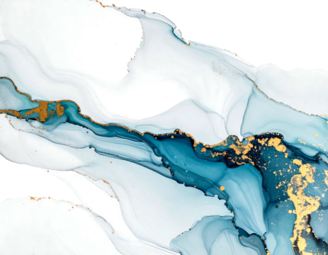 Abstract swirling blue, white, and gold fluids create a watery, marbled effect against a dark background