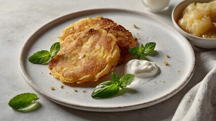 Crispy Potato Pancakes Served with Sour Cream and Fresh Mint on a Rustic White Plate