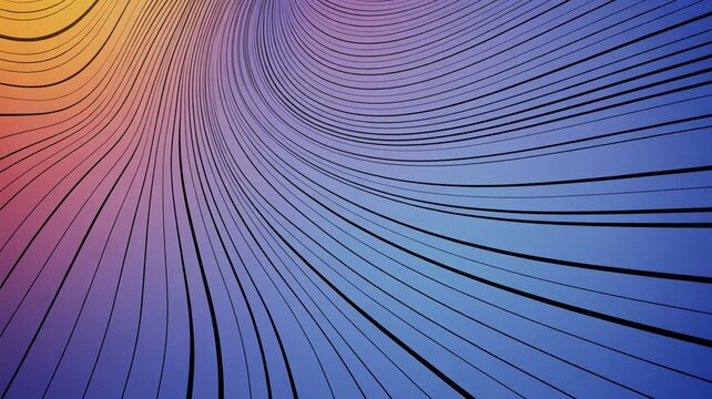 Dynamic abstract background of flowing blue, purple, and orange gradient lines creating a modern, winding, and digital warp effect.