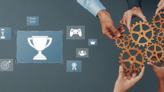 Two hands interact with gears and achievement icons in a modern workspace, showcasing the concept of gamification and collaboration in digital environments. Raster