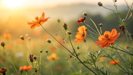 Golden hour sunlight illuminates orange cosmos flowers in a field