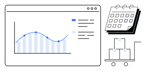 Graph on screen, checklist, calendar, and stack of boxes on a cart symbolize data analysis, planning, logistics, and organization. Ideal for business, productivity logistics management data
