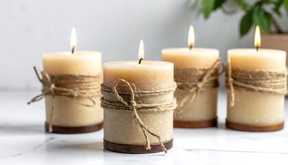 Four burning candles, tied with twine, on a marble surface