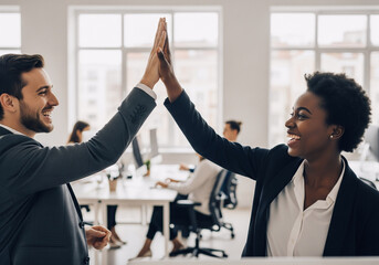 Diverse business professionals celebrating success with a high five in modern office &mdash; teamwork, collaboration, and achievement.